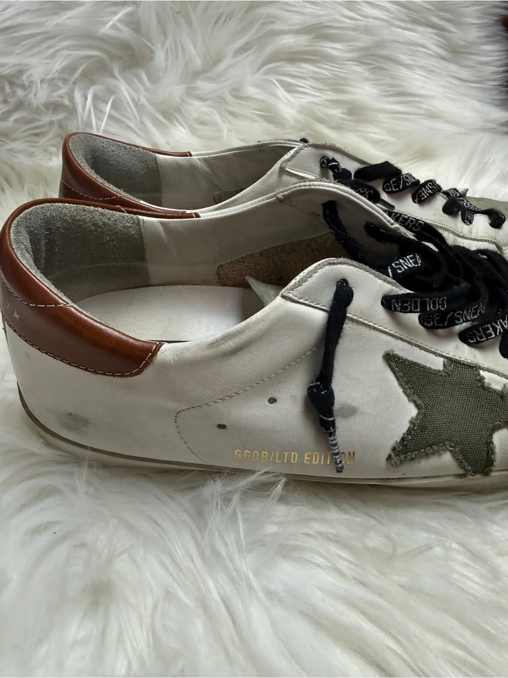 Golden Goose SUPER•STAR White Leather Star Sneakers with Olive and Brown